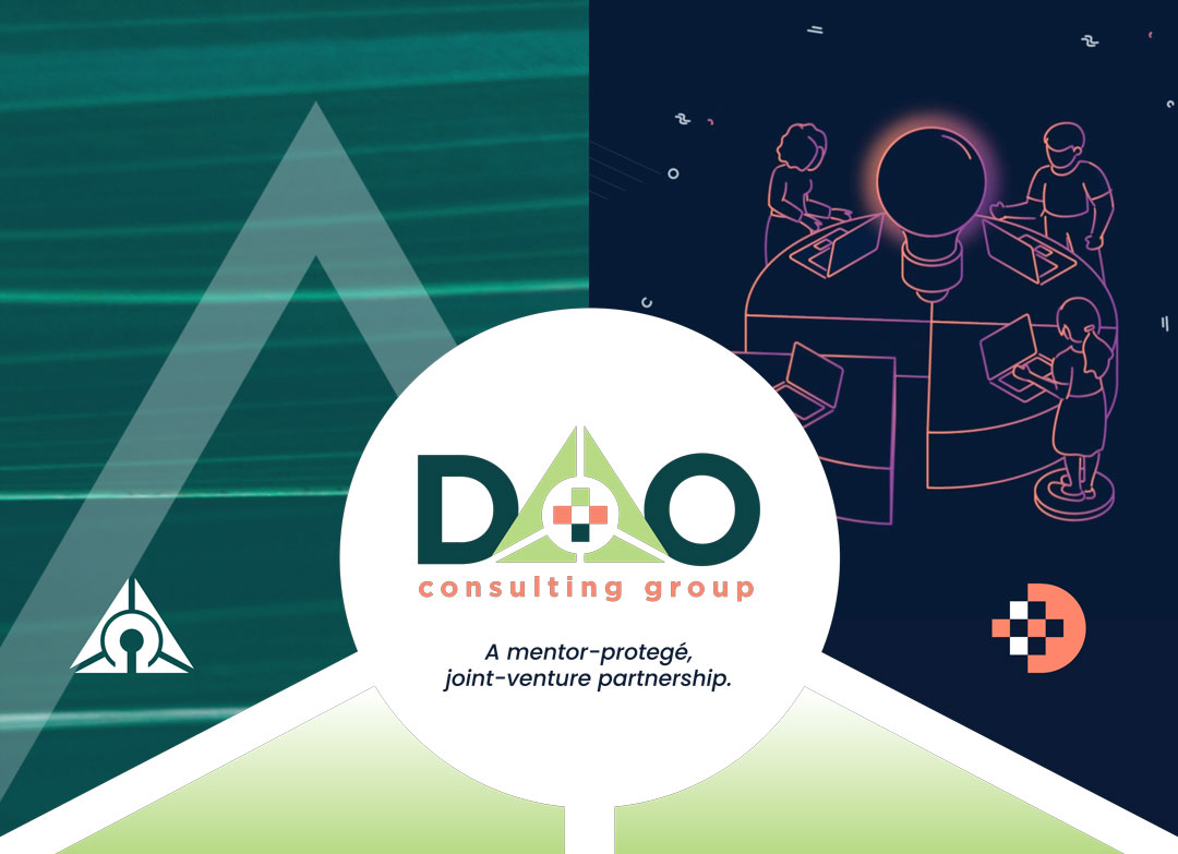 Image divided into 3 parts: 1) Alpha Omega green background, 2) Diaconia blue background with orange/purple innovation illustration of people working together around a lightbulb; 3) DAO Consulting Group logo, and 'A mentor-protege, joint-venture partnership.'