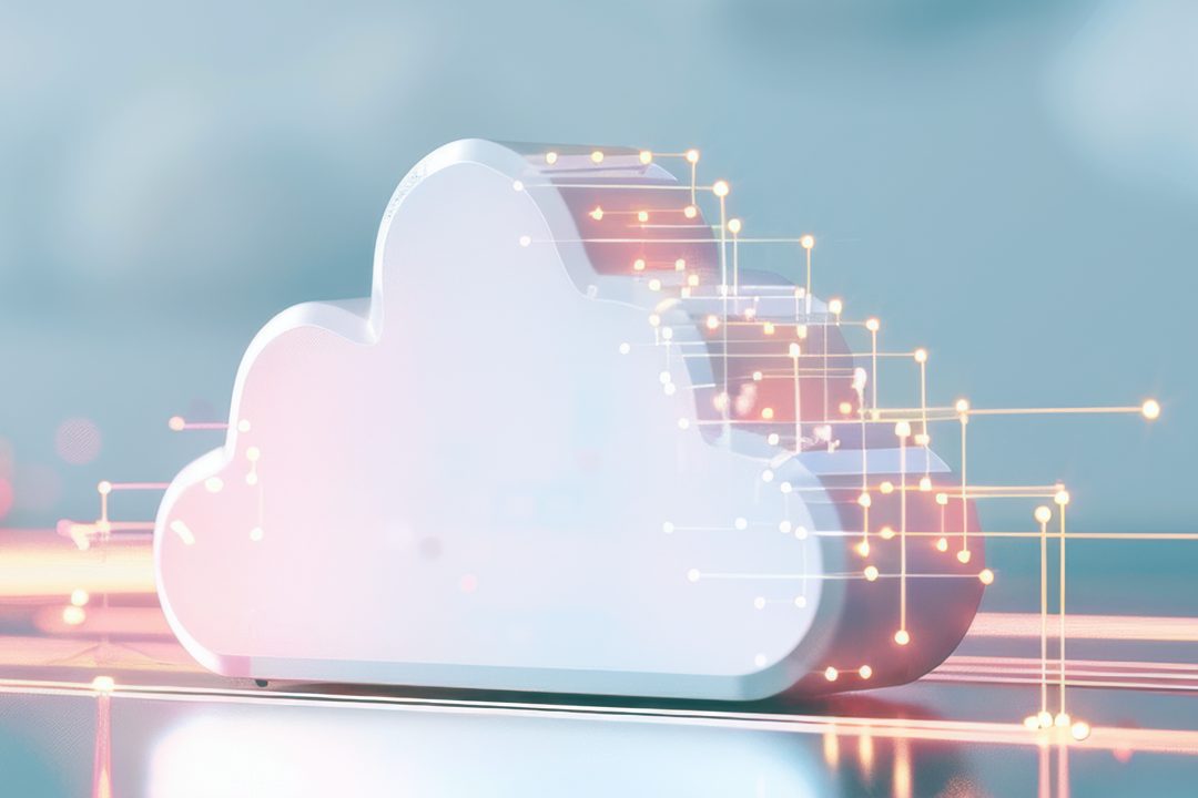 cloud computing concept: 3d cloud sitting on surface with abstract data lines coming in and out of it