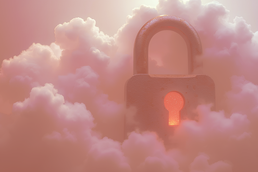 cybersecurity concept - padlock in cloud with glowing red keyhole