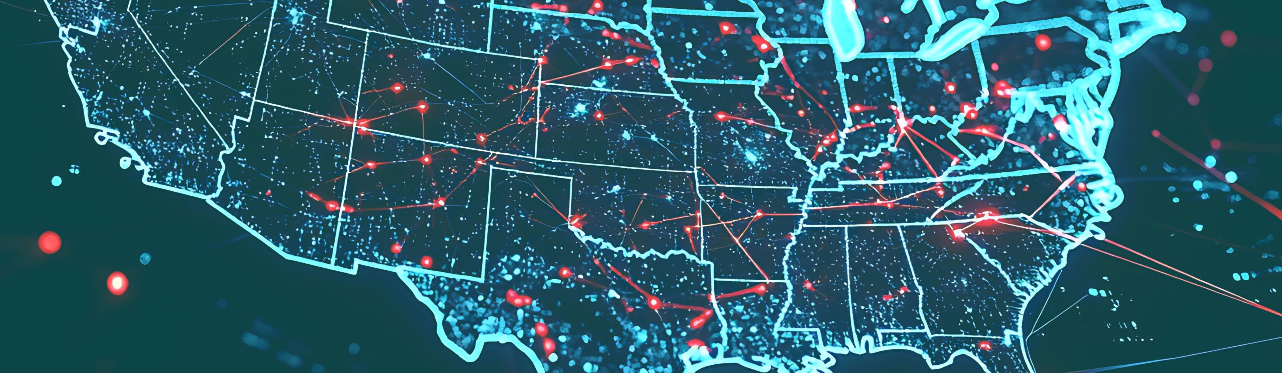 closeup of AI-generated US map with red and blue dots (homeland security concept)