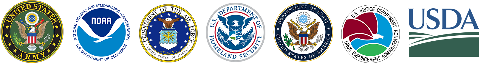 Logos: US Army, NOAA, DHS, Air Force, DEA, DOS, USDA