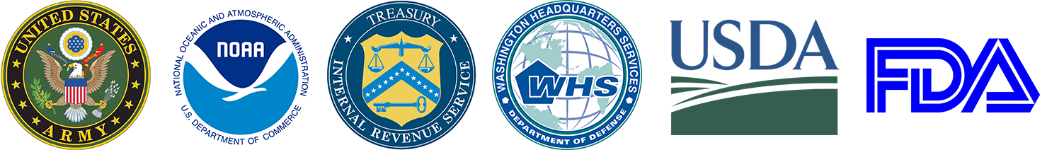 Logos: US Army, NOAA, IRS, WHS, USDA, FDA