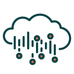 Flat line icon of a cloud with data lines and dots coming into and out of the bottom of the cloud