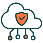 Flat line icon of a cloud with security shield, check mark, and 4 connectors coming out of the bottom of the cloud