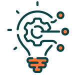 Flat line icon of a lightbulb with gear and connectors coming out to the right.